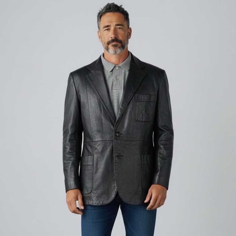 John Weitz Leather Blazer Mens 44 Reg Black Good Vintage Two Button Sport Coat